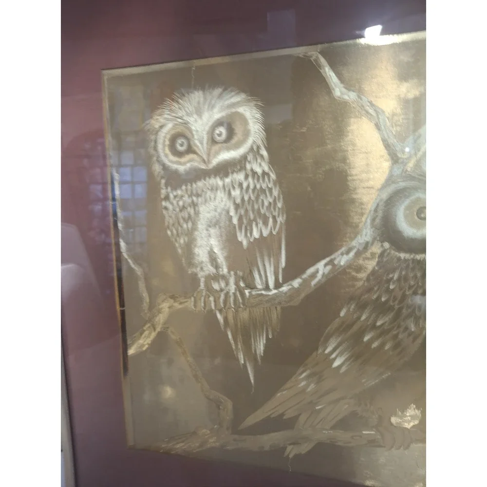 Vintage Manifestations Optical Illusionary Art Gold Foil Owl Framed VTG 1976